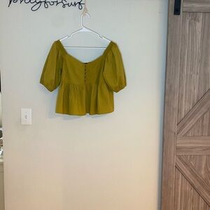 Free People Yellow Green Peplum Blouse with Puff Sleeves